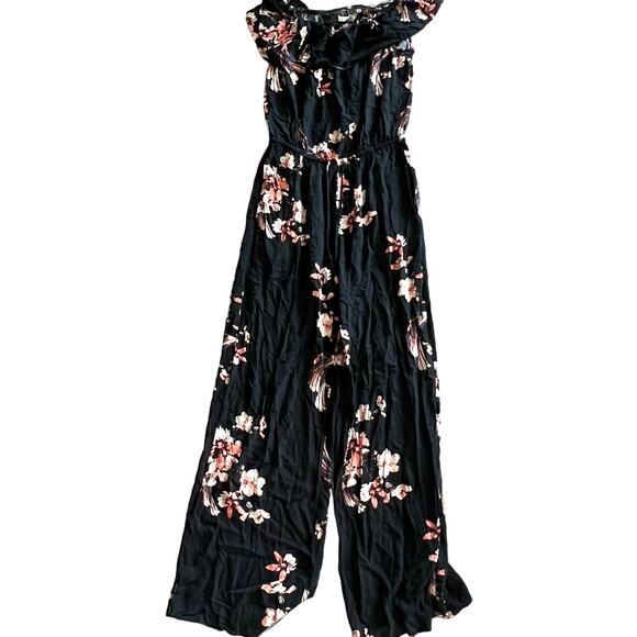 CHELSEA &‎ VIOLET Women's Small Off Shoulder Jumpsuit Black Pink Floral Wide Leg - Picture 1 of 8